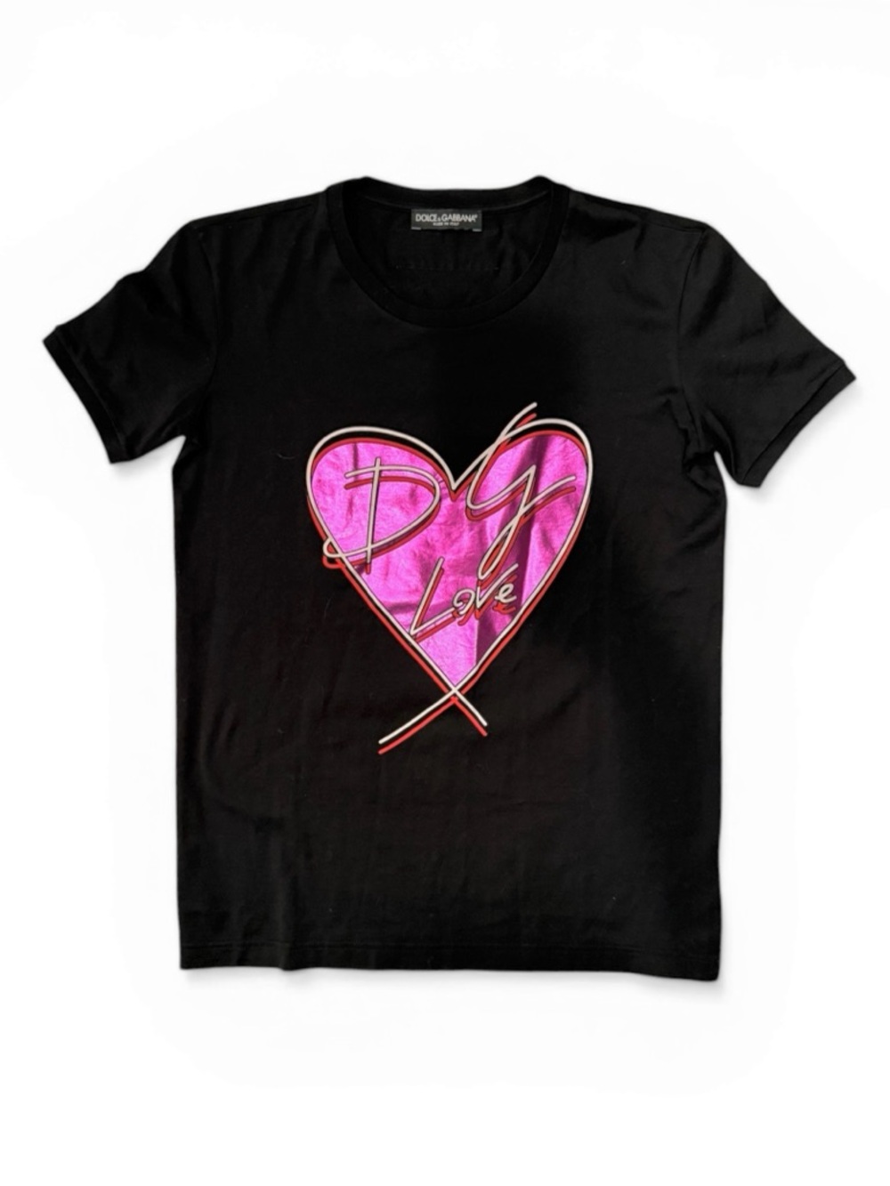 Dolce & Gabbana Black Tee with Metallic  Pink Heart Logo Size IT38/S